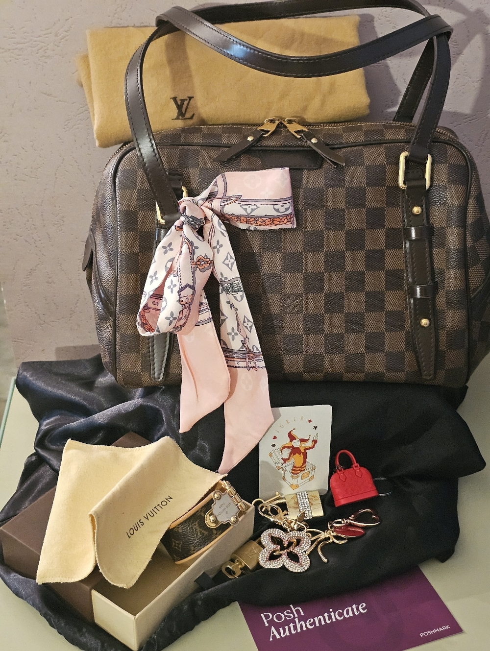 Louis Vuitton Damier Ebene Satchel Bag LV Bracelet & Handbag + Charms + BRACELET